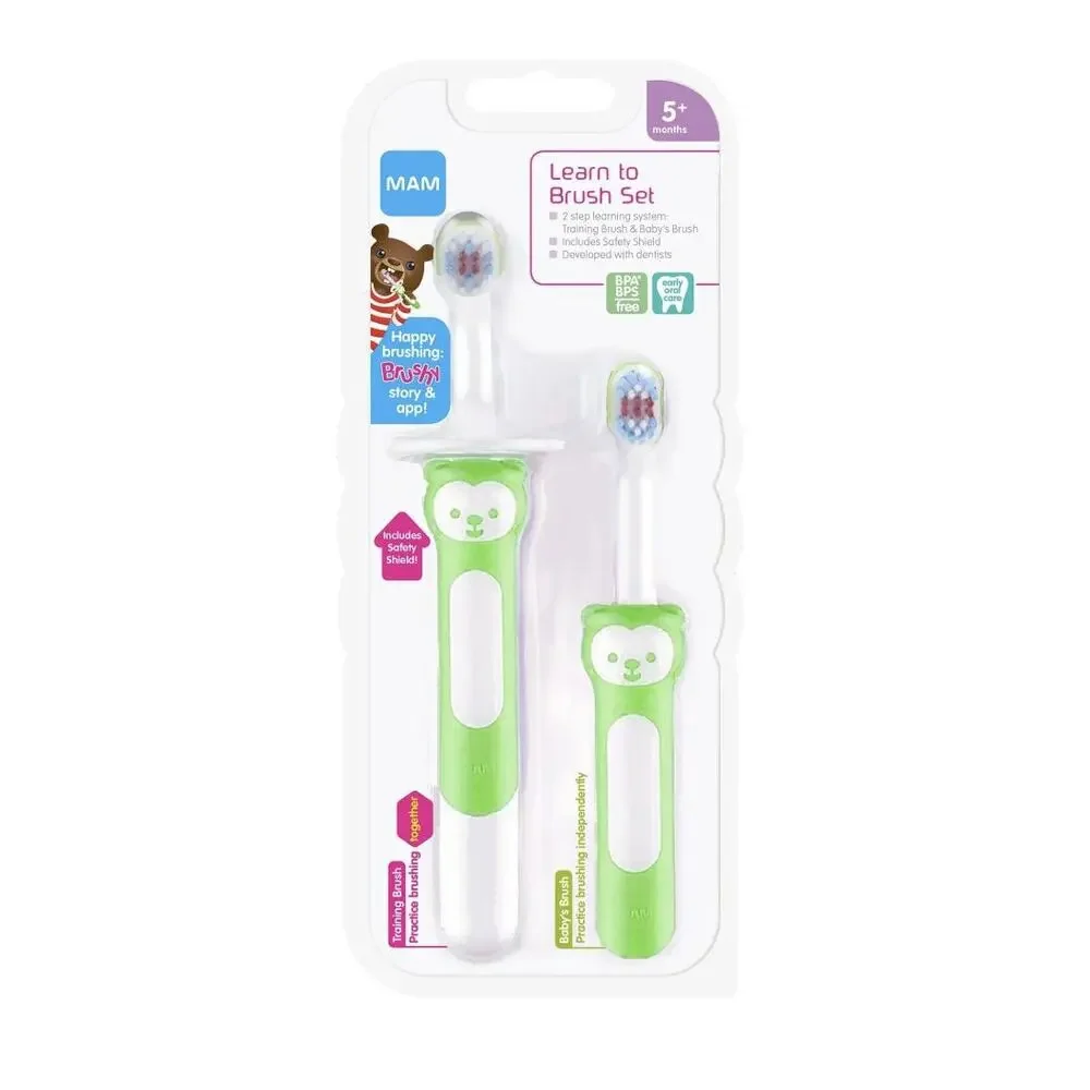 NEW‎ MAM Green Learn to Brush Toothbrush set for baby 5+ months Training Shield!